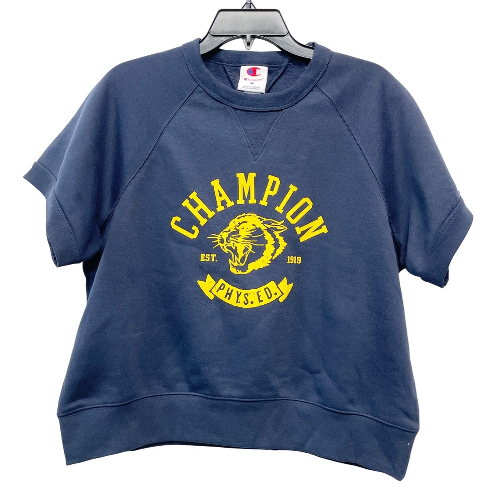 Champion Women's Navy Blue Phys Ed Tiger Graphic Short Sleeve Fleece Top Size M